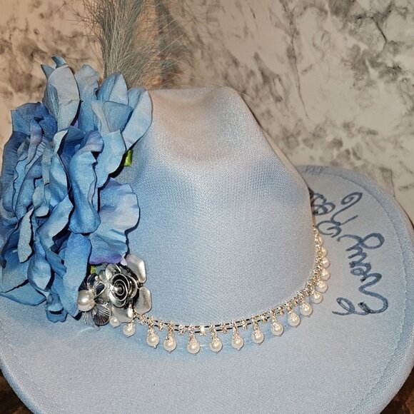 Custom Baby Blue Fedora burned Every Rose Has its Thorns - Picture 2 of 5